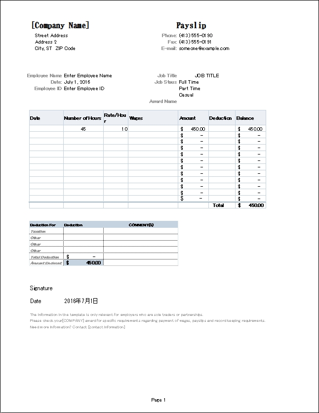 Excelで作られた英語の給与明細テンプレート 時給制 エクセル無料お役立ちテンプレ ト